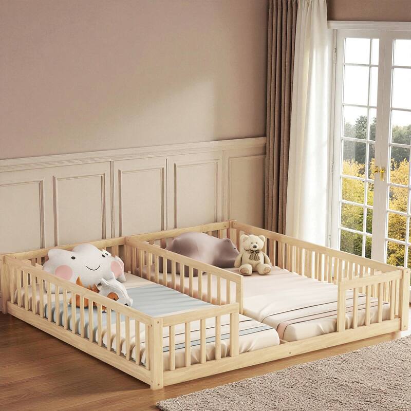Double Twin Floor Bed with Fence and Guardrails, Solid Pine Wood Frame Montessori Bed for Kids