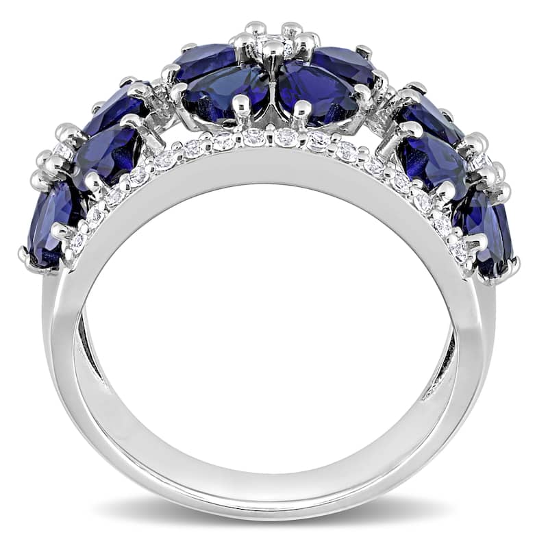 Miadora Heart-cut Created Blue & White Sapphire Triple Floral Cocktail Ring in Sterling Silver