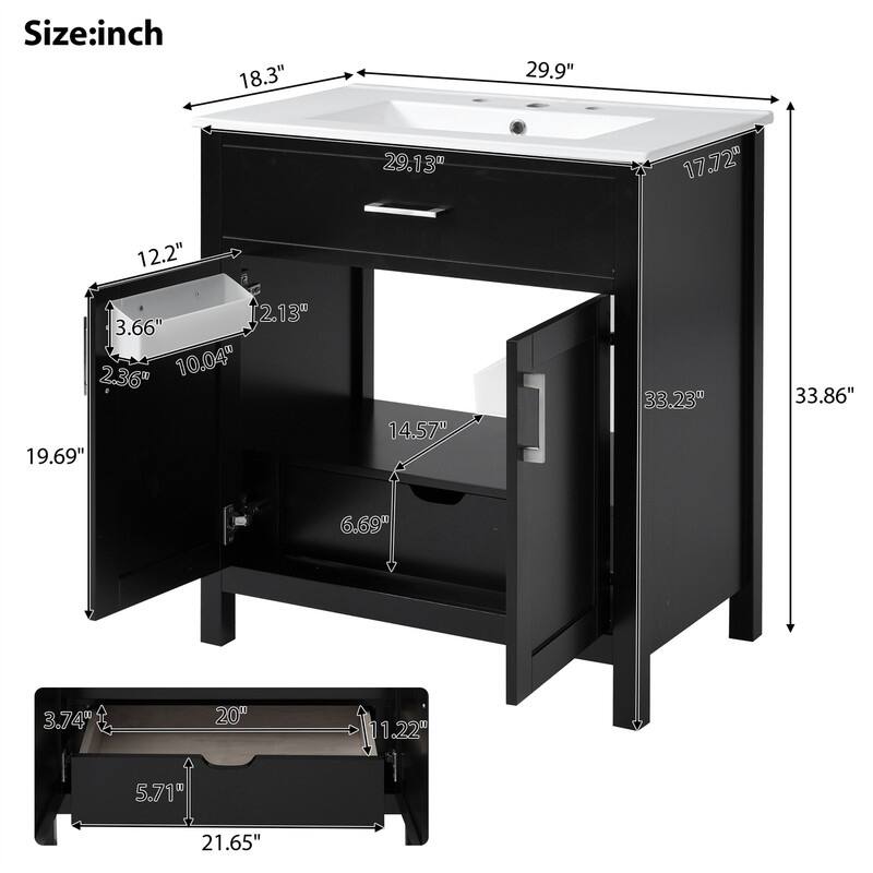 30'' Bathroom Vanity with Ceramic Sink Top, Bathroom Storage Cabinet with 2 Soft Close Doors, 1 Storage Shelf and Drawer