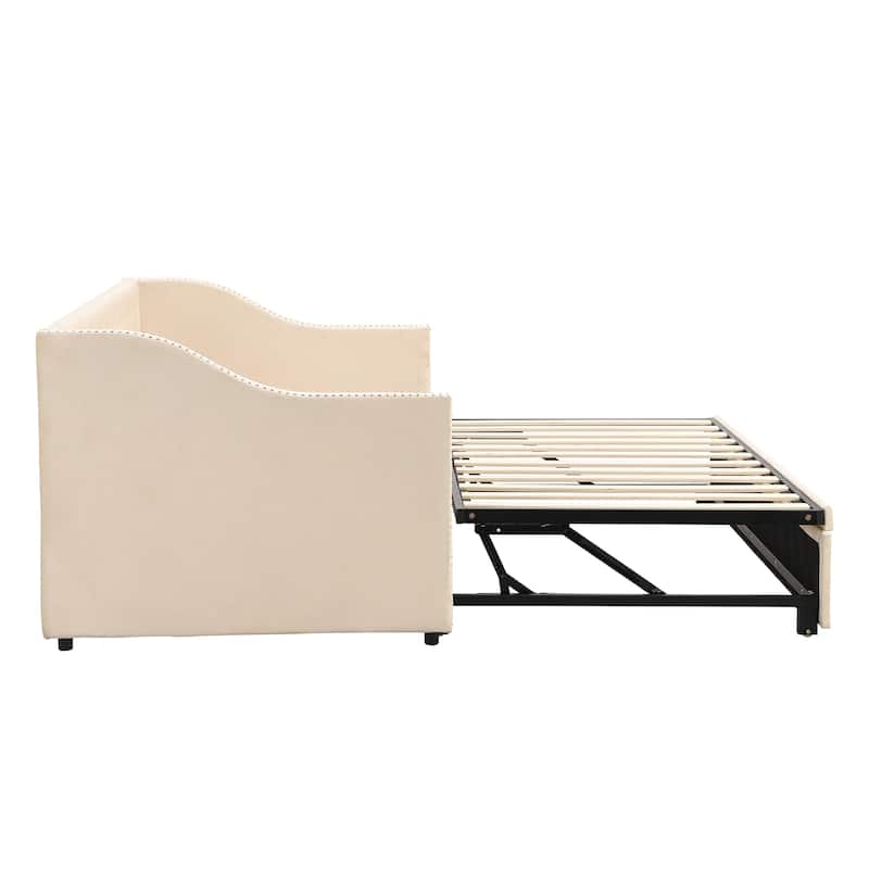 Twin Velvet Upholstered Daybed Platform Daybed with Liftable Trundle, Twin to King Daybed Frame with Nailhead Decoration, Beige