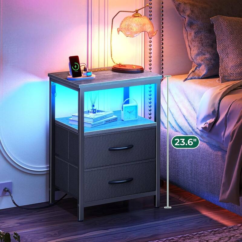2 Drawer Night stand with Charger Station and LED Lights