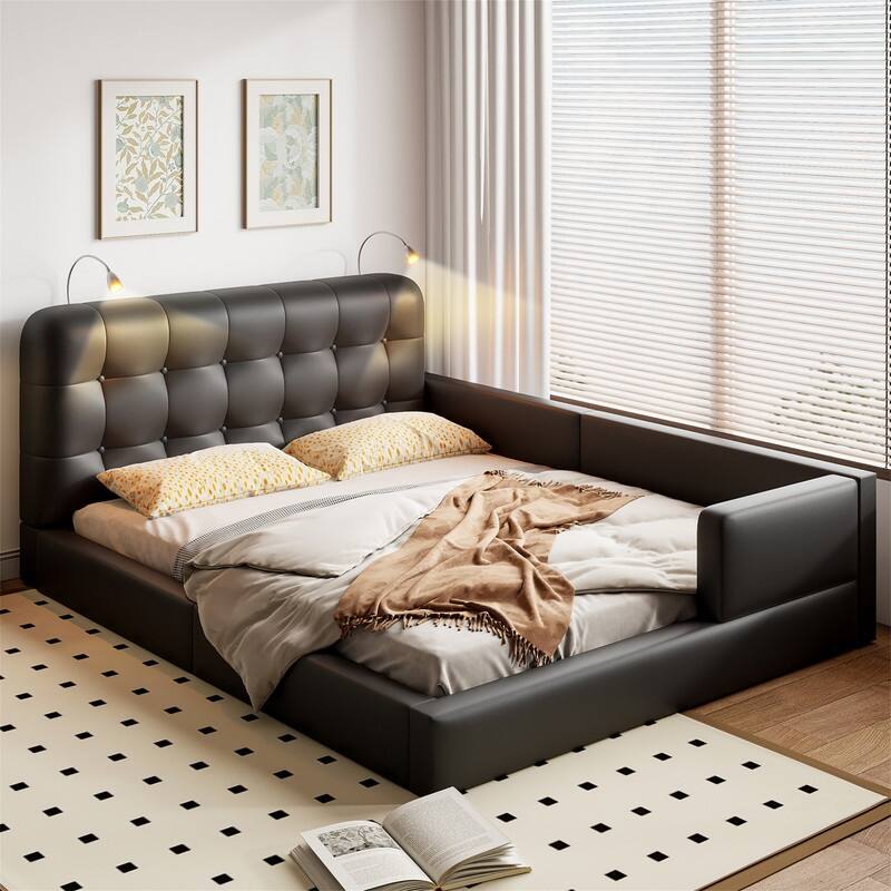 Upholstered Platform Bed with 2 Bulit-in Reading Lights, Queen Size PU Bed Frame Floor Bed with Button Tufted Design Headboard - Black