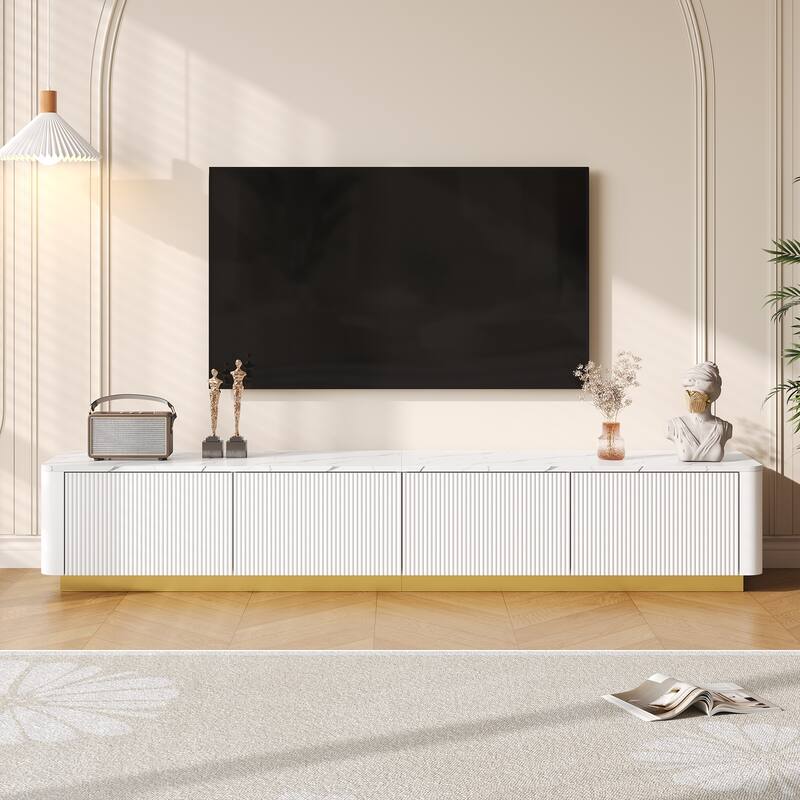Luxury Fluted TV Stand for TVs Up to 85", White Entertainment Center Media Console Cabinet with 4 Drawers