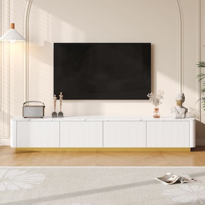 Luxury TV Stand for 85" TVs - Fluted Design, Faux Marble, 4 Drawers, Gold Base, Modern Console