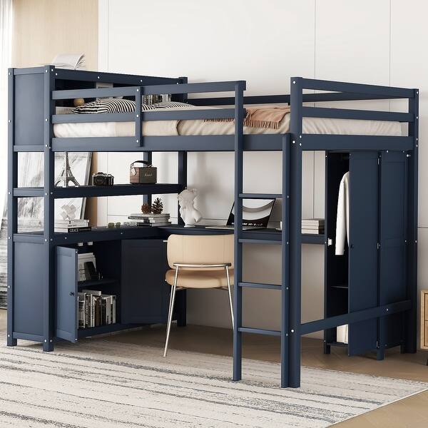 slide 2 of 11, Dark Blue Full Pine Wood Loft Bed with Cabinet & Desk Dark Blue