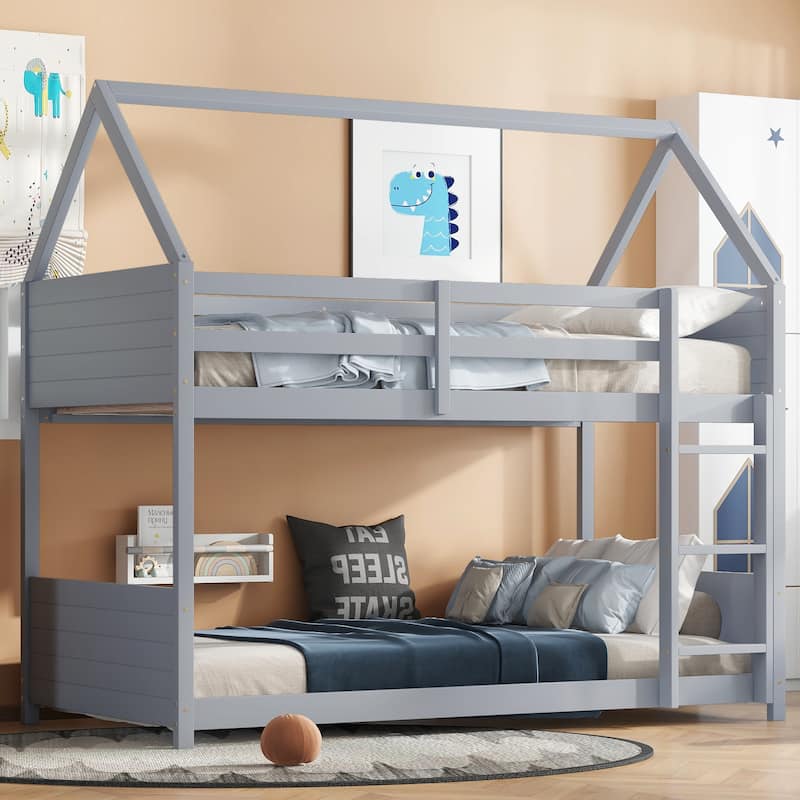 Twin Over Twin House Floor Bunk Bed with Headboards, Footboards, Guardrails, Ladder, Light Grey