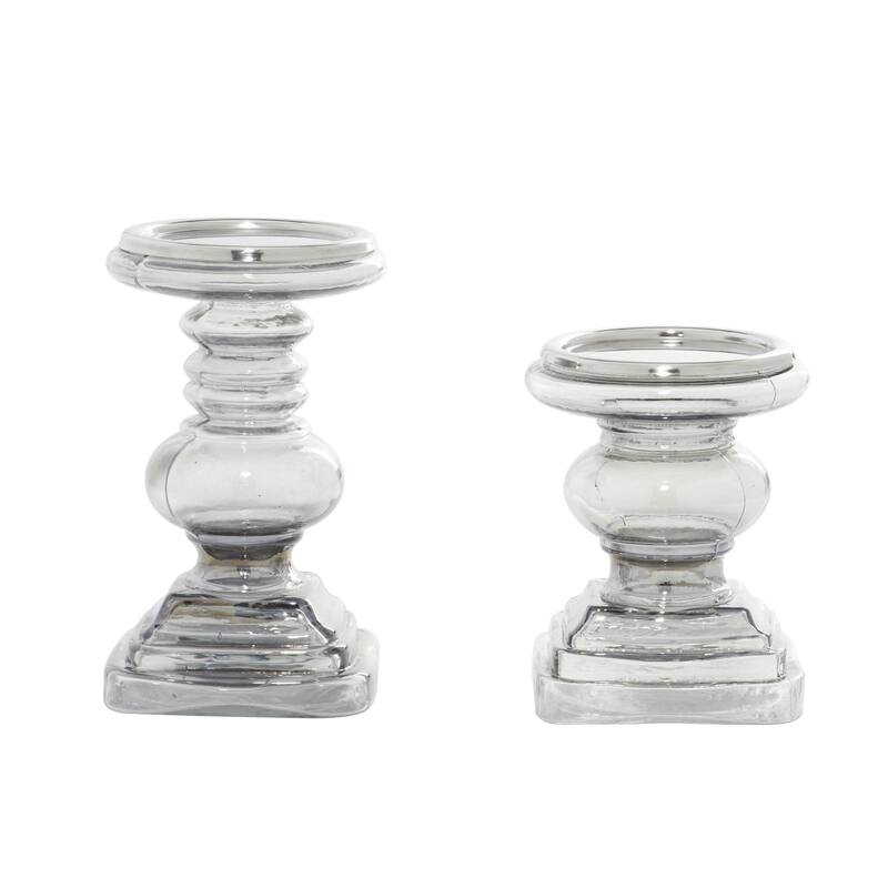 Glass Handmade Turned Style Pillar Candle Holder - Set of 2 Silver - Roche River Decor
