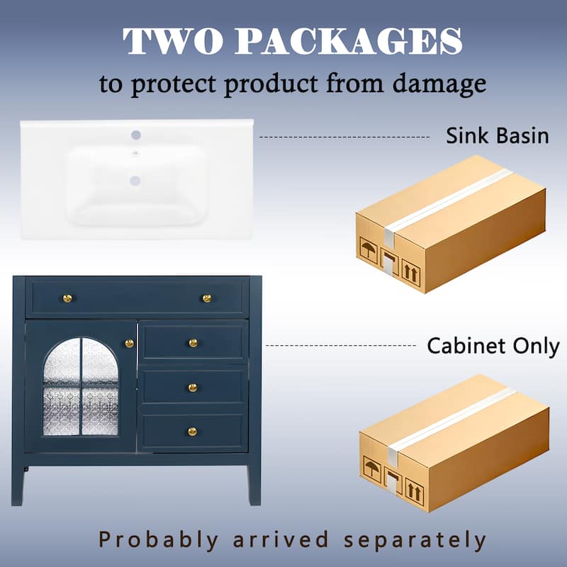 35.6-Inch Mid-Century Bathroom Vanity Sink with Patterned Glass & Motion-Sensor Light Strip, High-End Vanity Cabinet