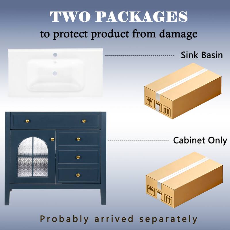 Freestanding 36" Bathroom Vanity Sink Cabinet with Motion-sensor Light Strip, Patterned Glass & Drawers