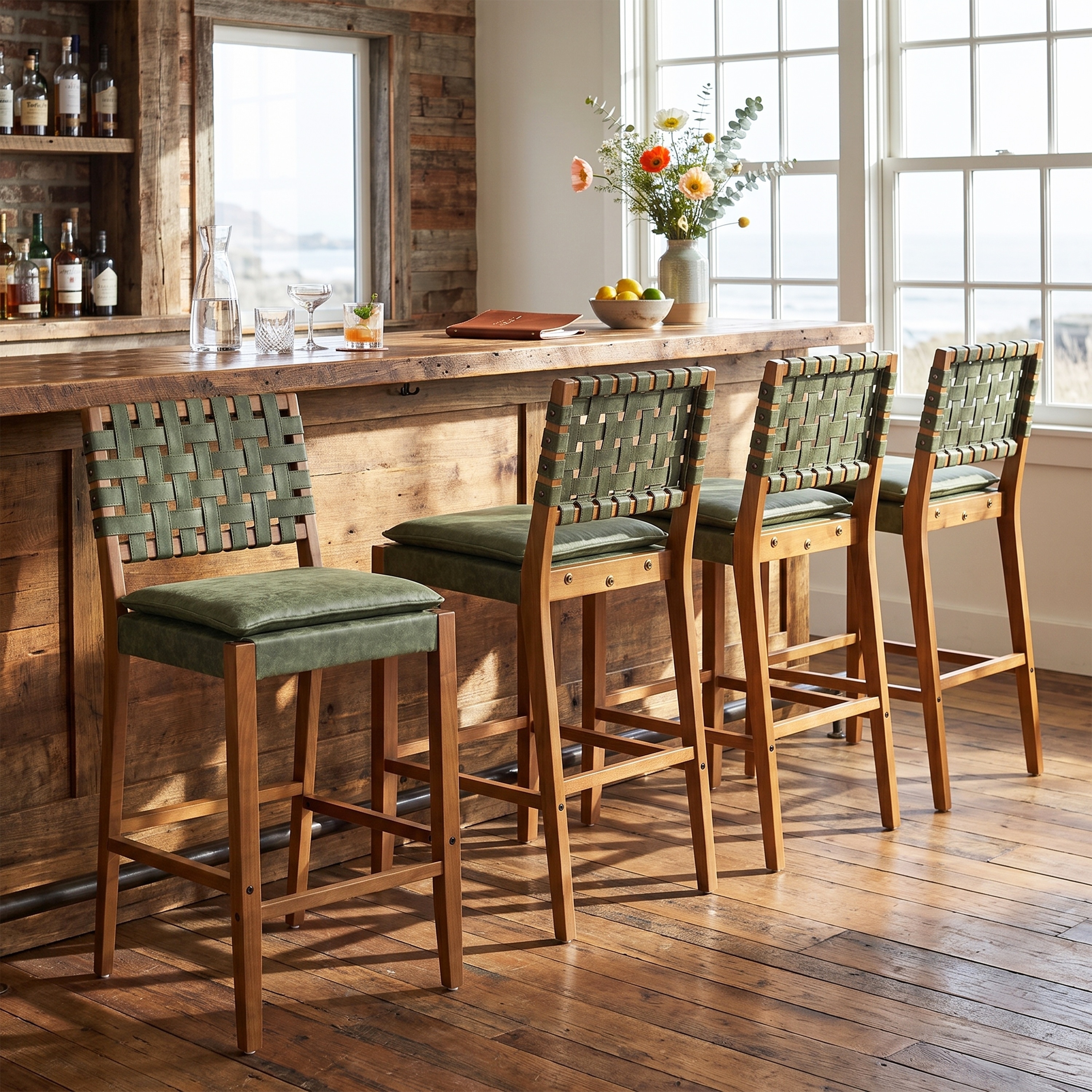 Christopher Knight Home - Rieti Set of 4 Bar Stools Rubber Wood Upholstered Bar Chairs with Hand-Woven PU Leather Back