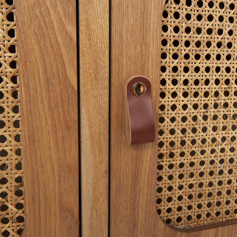 Brown Wooden Living Room Coffee Table with Cane Front Drawers and Gray Metal Frame