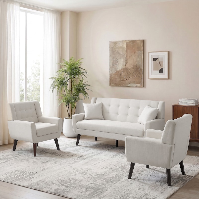 3-Piece Mid-Century Modern Living Room Set with Loveseat and 2 Chairs - Beige