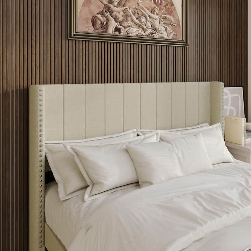 Clayfell Ipswich Upholstered Wingback Headboard with Nailhead Trim, Modern Vertical Channel Tufting, Easy Assembly