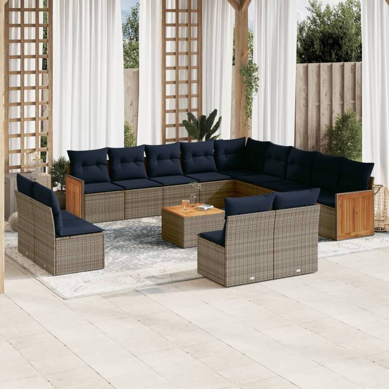 vidaXL 13/14 Piece Patio Sofa Set with Cushions Black/Gray Poly Rattan - 21.7 x 24.4 x 27.2 - Gray With table