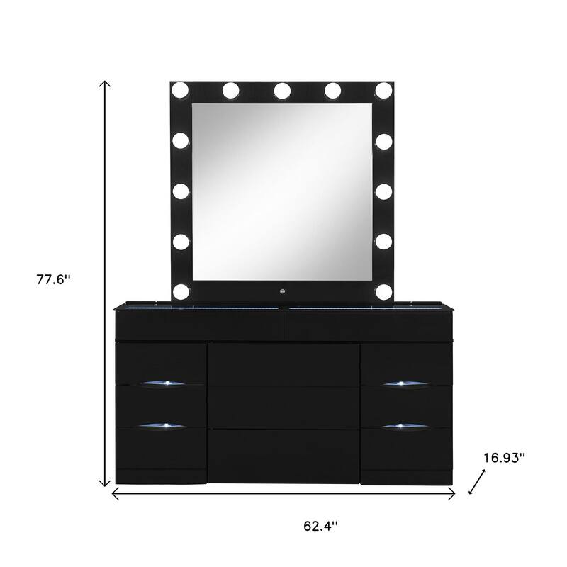 HomeRoots 62" Black Wood And Glass Six Drawer Vanity Table With Mirror Seating And Lights