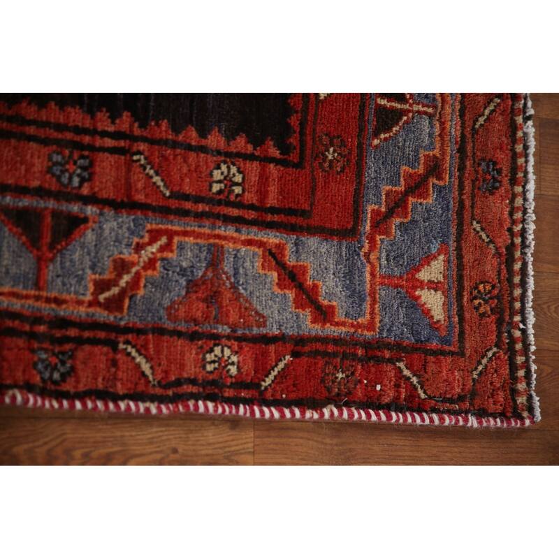 Geometric Hamedan Persian Vintage Runner Rug Hand-Knotted Wool Carpet - 3'5"x 9'9"
