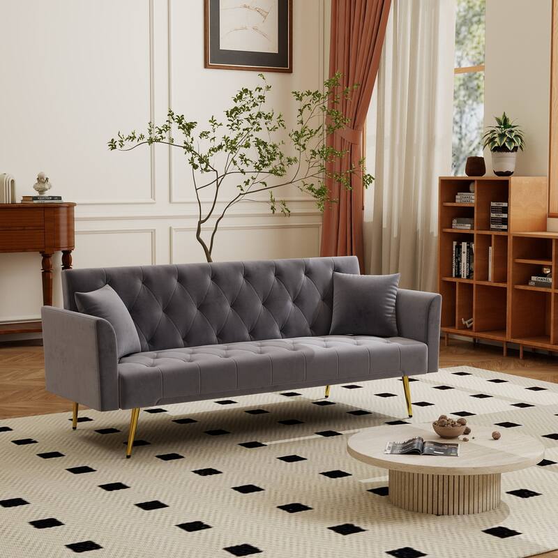 Convertible Sleeper Sofa Bed, Foldable Velvet Loveseat with Adjustable Backrest and Metal Legs, Cloud Chaise Lounge Couch