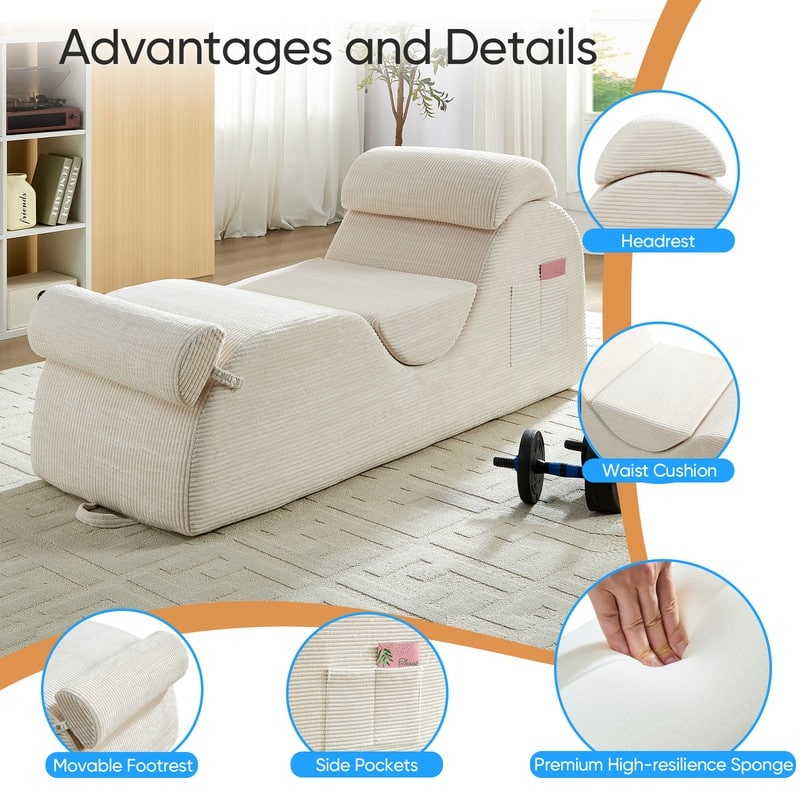 Mixoy Corduroy Yoga Chaise Lounge Chair,Curved Yoga Sofa with Movable Headrest/Waist Cushion/Footrest,Non-Slip Bottom