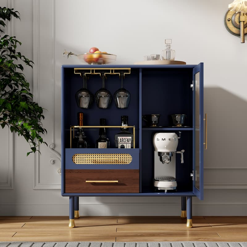 Modern Coffee Bar Cabinet with Wine Glass Rack and Storage Drawer