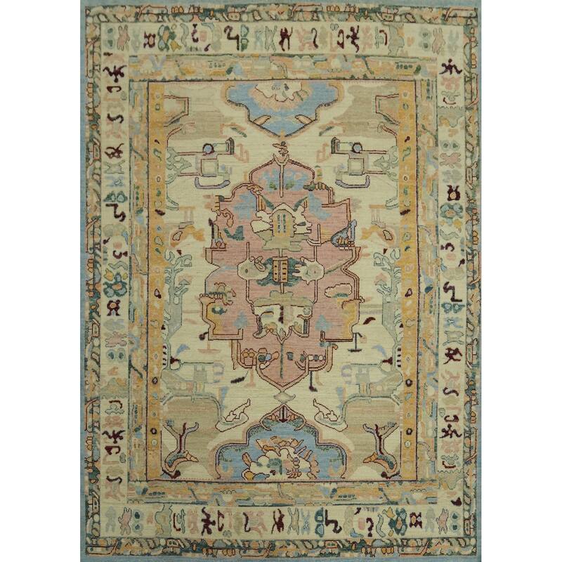 Vegetable Dye Wool Oushak Turkish Area Rug, Medallion Geometric Carpet - 9' 9'' X 8' 4''