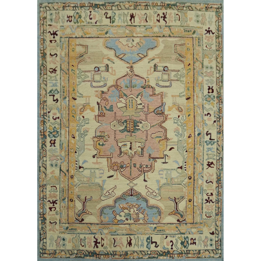 Vegetable Dye Wool Oushak Turkish Area Rug, Medallion Geometric Carpet - 9' 9'' X 8' 4''