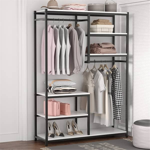 Freestanding Closet Organizer with Open Shelves & 2 Drawers Bedroom Garment  Rack 