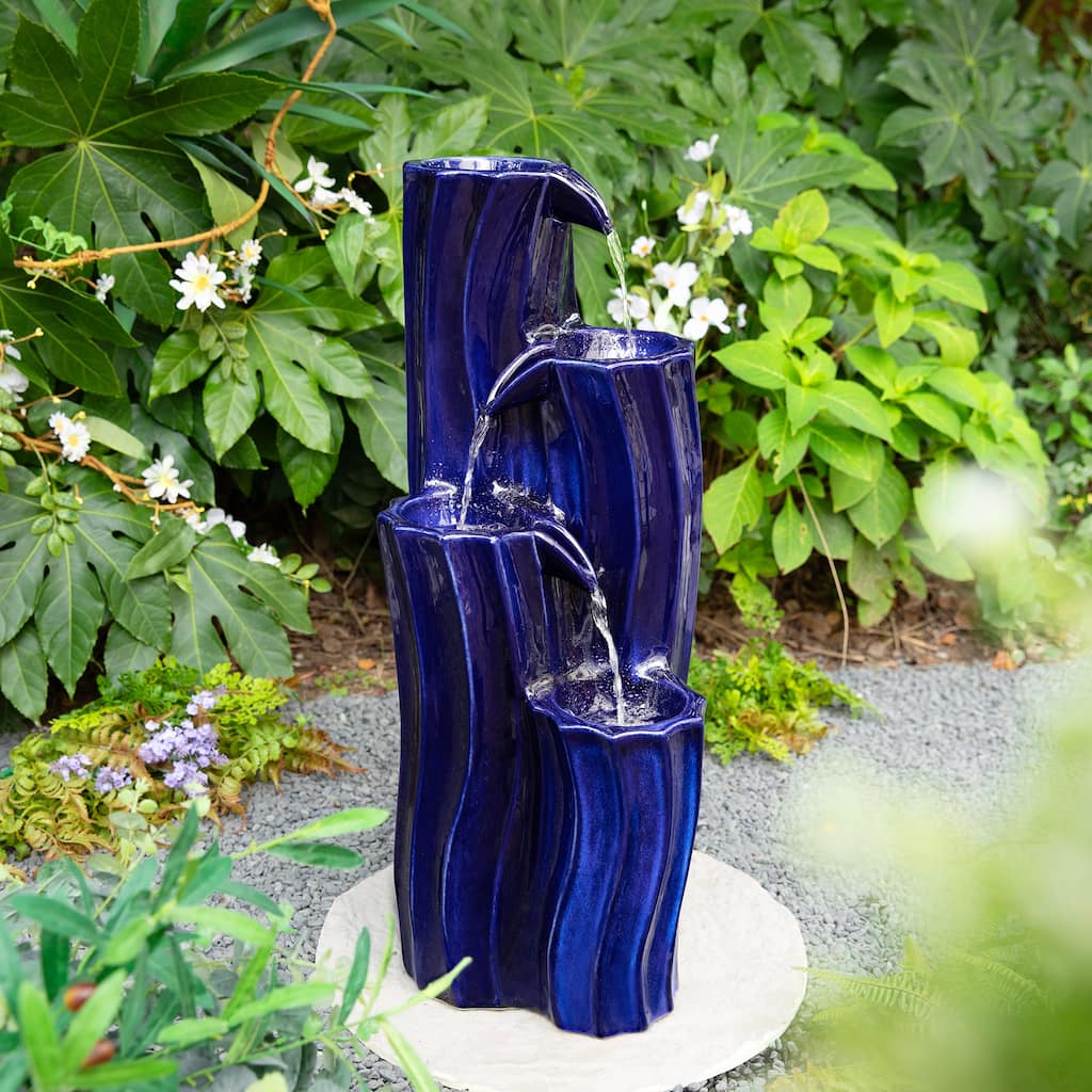 Glitzhome 29.5"H 4-Tiered Wavy Textured Outdoor Ceramic Floor Fountain with LED Light