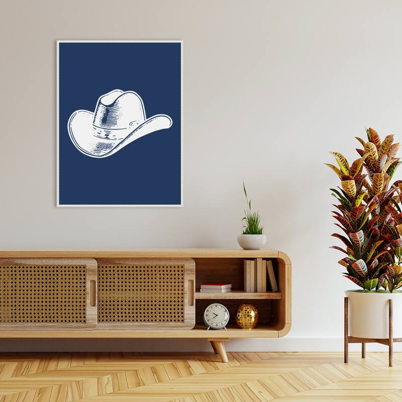 Navy Blue Cowboy Hat by Jolly and Dash Framed Canvas Wall Art Print - Sylvie Beaded White