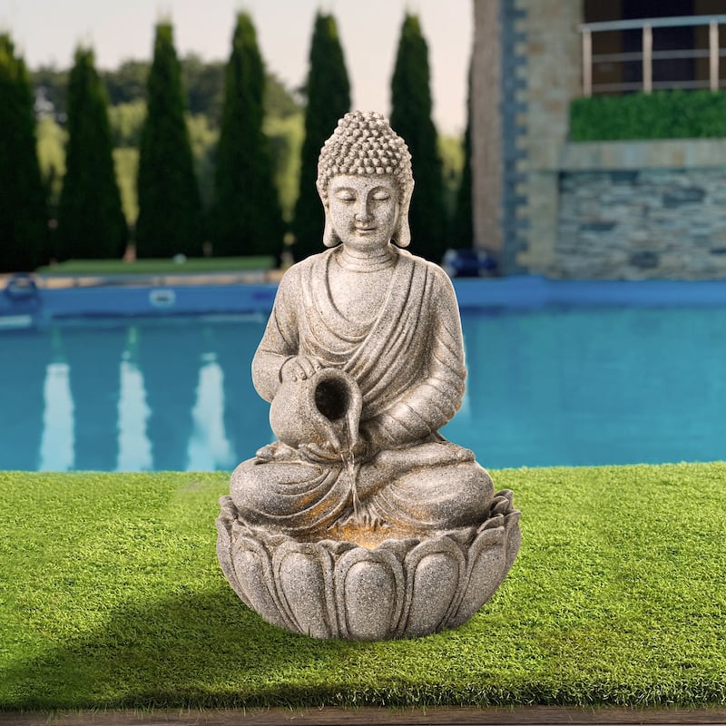 Glitzhome Polyresin Meditating Buddha Frog/Elephant Statue Outdoor Water Fountain with LED Lights