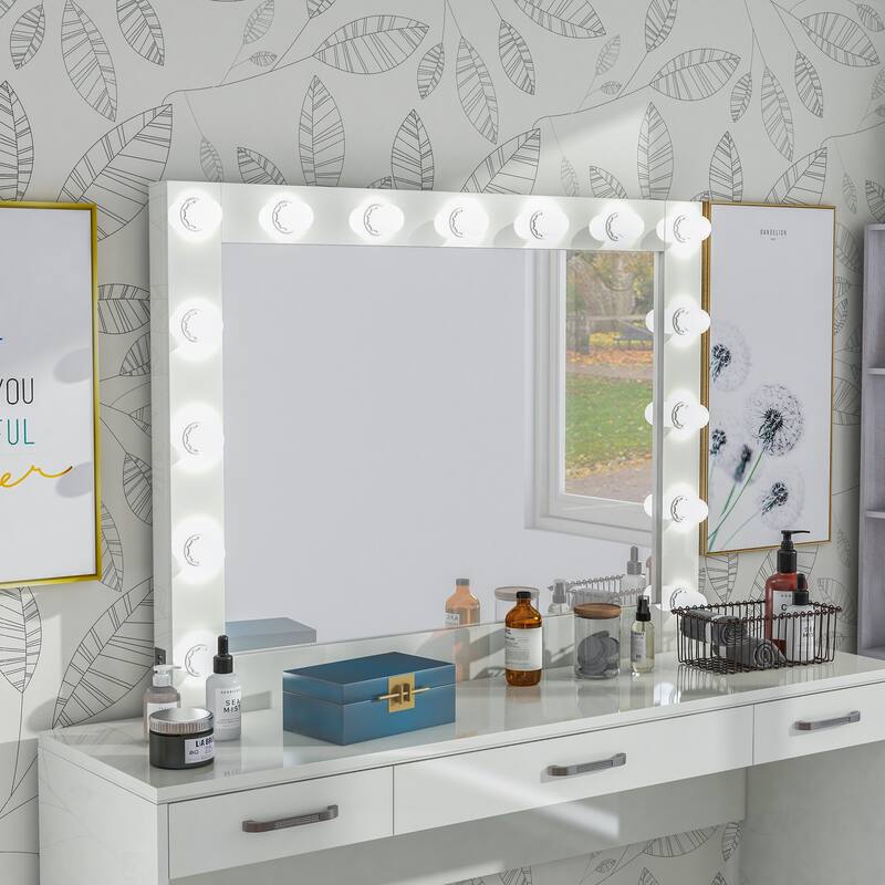 Roseanne Luminous Glam White Bulbed Mirror with USBs by Furniture of America