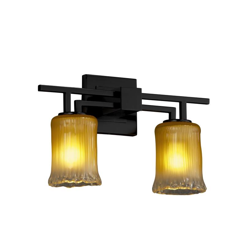 Justice Design Veneto Luce Aero 2-light Matte Black Bath Bar, Gold with Clear Rim Cylinder - Rippled Rim Shade