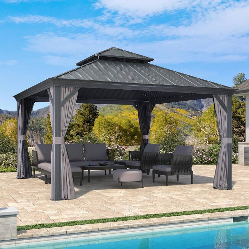 PURPLE LEAF Outdoor Galvanized Steel Hardtop Gazebo, Aluminum Frame Gazebo With Curtains and Light - 13ft x 13ft