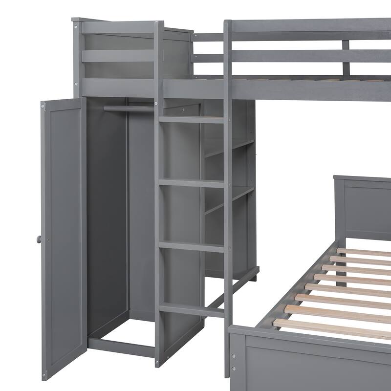 Full Size Loft Bed with Twin Bed, Shelves, Desk, and Wardrobe in Gray