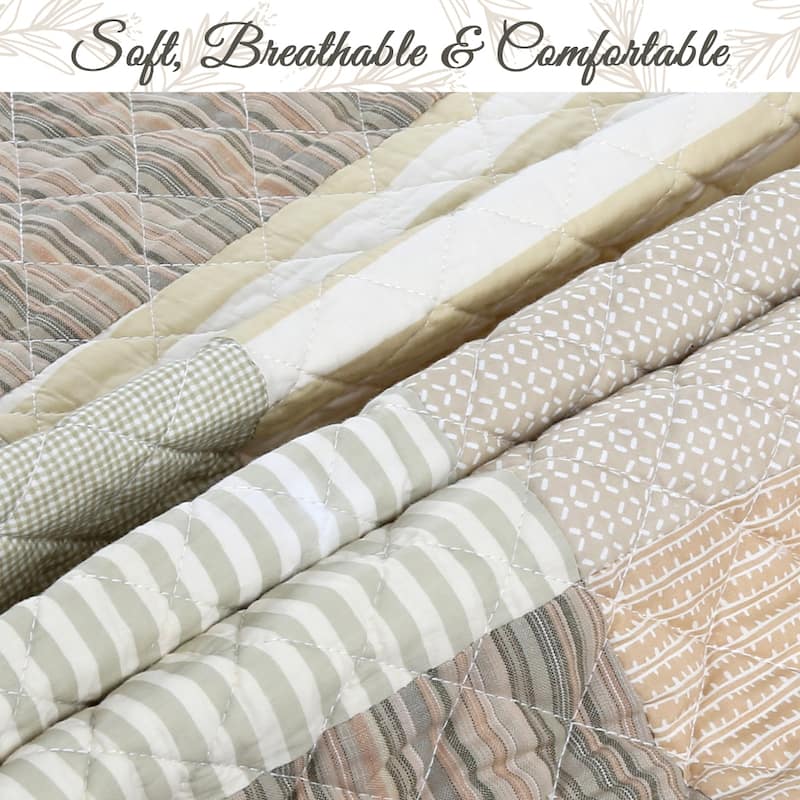 Cozy Line Stripe Checker Patchwork Cotton Reversible 3 Piece Quilt Bedding Set