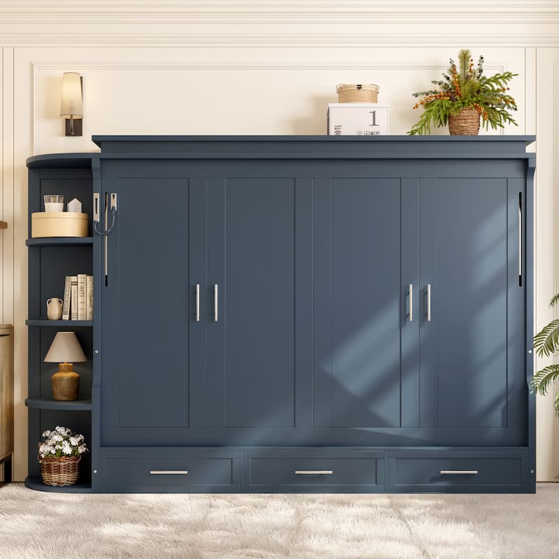 Murphy Platform Bed with Side Cabinets & Drawers, Wall Bed with Shelf for Home Office, Queen or Full