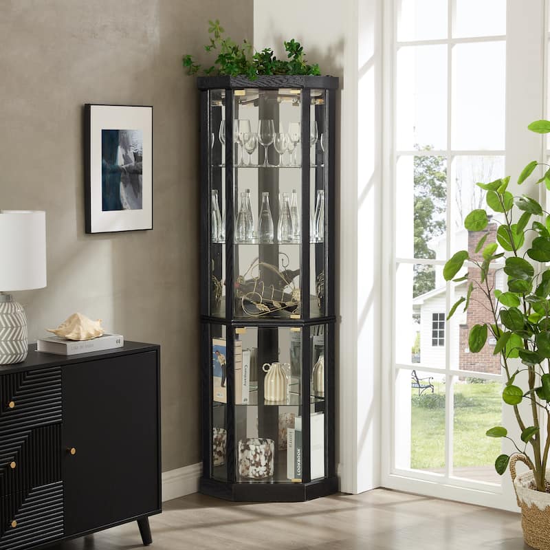 Lighted Corner Curio Cabinet Elegant Glass Display Case for Living Room & Bar Storage for Antique Collections & Wine