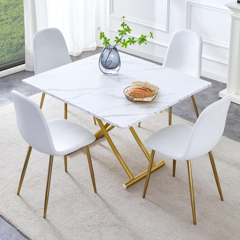 5-Piece Lifting Wood Dining Table Set for 4, Kitchen Square Dining Table with 4 Chairs Modern Space-Saving Table and Chair Set - Golden+White