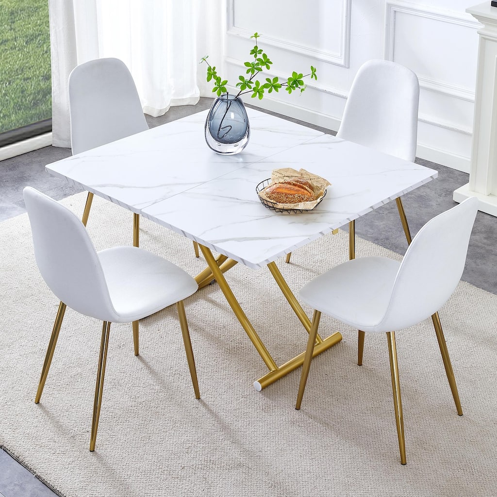 5-Piece Lifting Wood Dining Table Set for 4, Kitchen Square Dining Table with 4 Chairs Modern Space-Saving Table and Chair Set