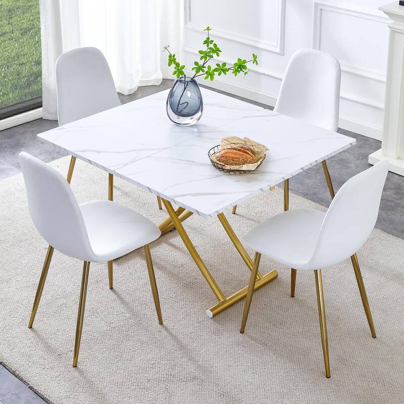 Modern multifunctional lifting platform, wood textured sticker MDF desktop, metal legs. with 4 dining chairs - Golden+White