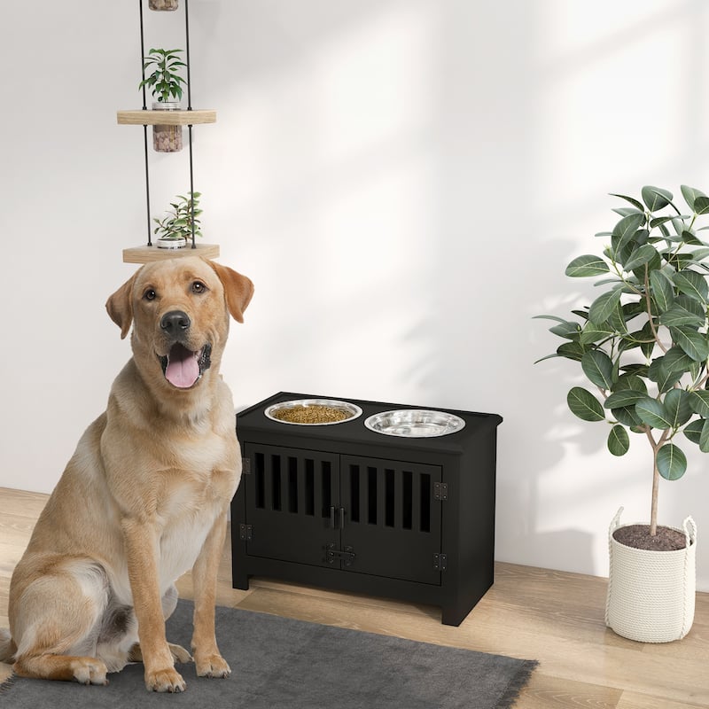 Elevated Pet Feeder Stand for Large Dogs with Storage Cabinet and 2 Stainless Steel Bowls - 23.5" L x 11.75" W x 17" H