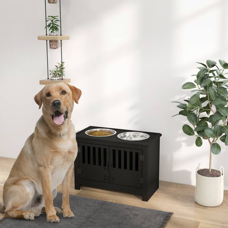 PawHut Large Elevated Dog Bowls with Storage Cabinet Containing Large 37L Capacity, Raised Dog Bowl Stand Pet Food Bowl - Black