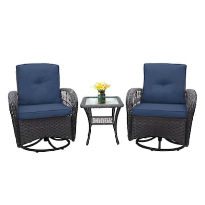 3 Pieces Conversation Set, Outdoor Wicker Rocker Swivel Patio Bistro Set, Rocking Chair with Glass Top Side Table
