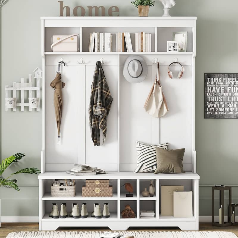 Modern Hallway Hall Tree with Metal Hooks and Storage Space, Multi-Functional Entryway Coat Rack with Shoe Cubbies - White
