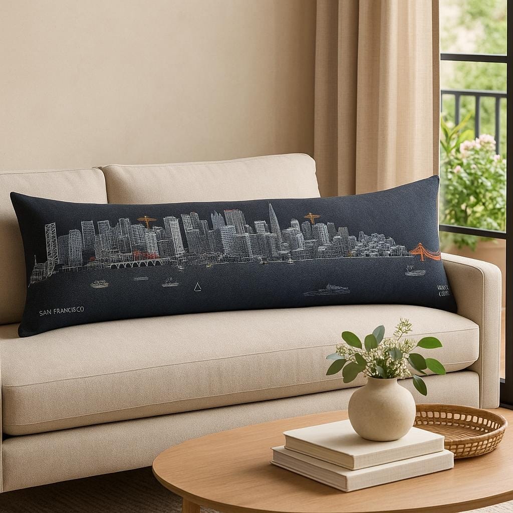 HomeRoots 14" X 46" Dark Gray And White San Francisco Nighttime Skyline Lumbar Decorative Pillow