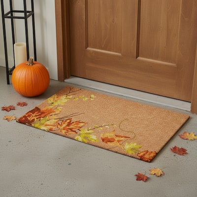 HomeRoots 17" X 29" Brown And Natural Fall Leaves Outdoor Coir Door Mat - 17.00' X '29.00