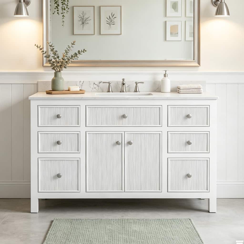 Junora 48 in. White Grooved Bathroom Vanity with Quartz Top