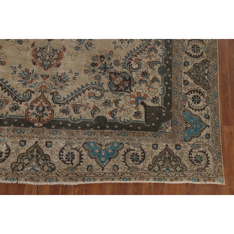 Distressed Tabriz Persian Rug Handmade Floral Wool Carpet - 9'5" x 12'4"