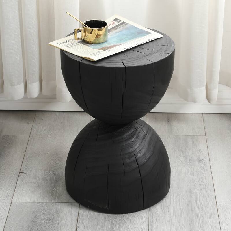 Solid Mango Wood Side End Table in Black, 17.7 inch Round Contemporary Wooden Accent Table, Small Round Plant Stand