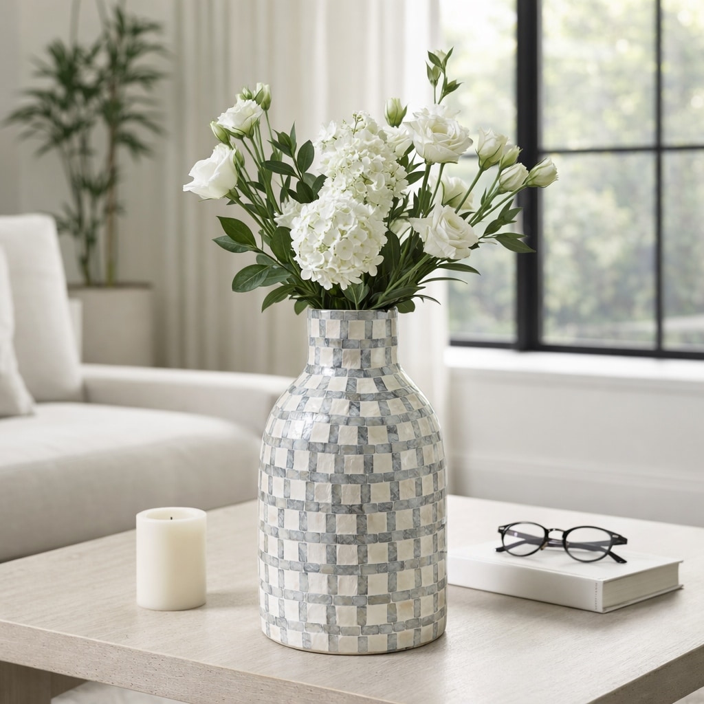 Mosaic Capiz Vase with Checkered Pattern - Tall Flower Vase - On