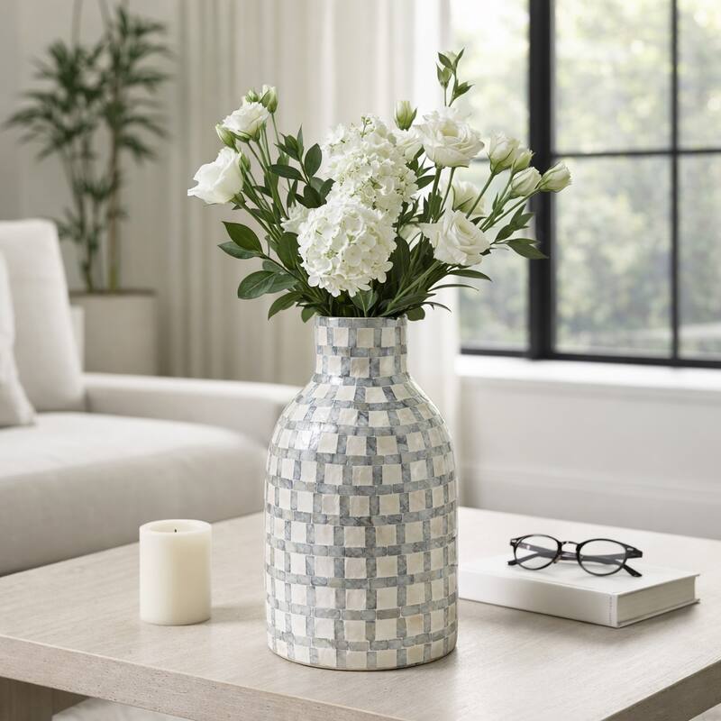 Mosaic Capiz Vase with Checkered Pattern - Tall Flower Vase